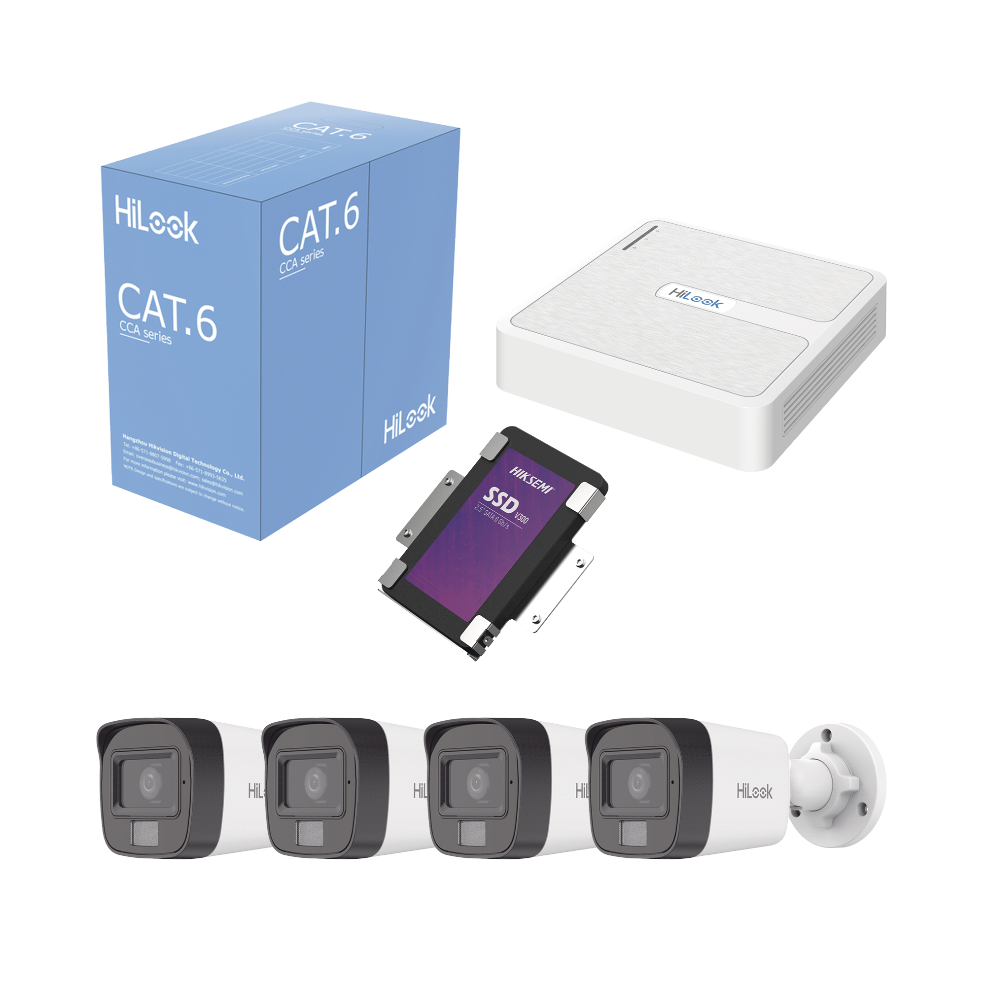 HILOOK BY HIKVISION - Kit IP 2 Megapixel / NVR de 8 Canales con 8 Puertos PoE / 4 Cámaras IP Bala para Exterior / Micrófono Integrado / Bobina de Cable de 305 mts / SSD 1 TB
