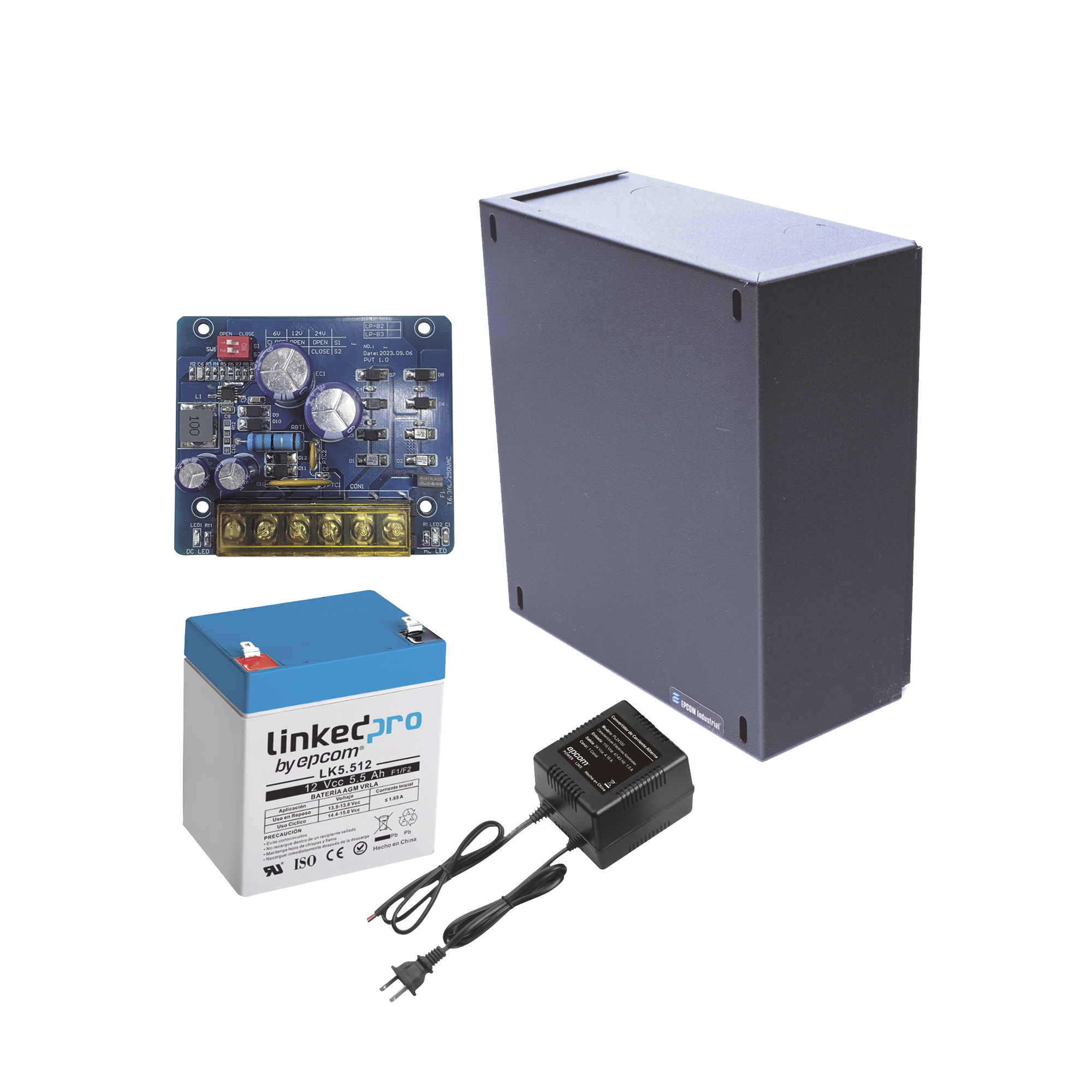 EPCOM POWERLINE - Kit con fuente PLB2 con salida de 12 Vcc a 1.5 Amper, incluye transformador y batería de 12 V a 5.5 Amper