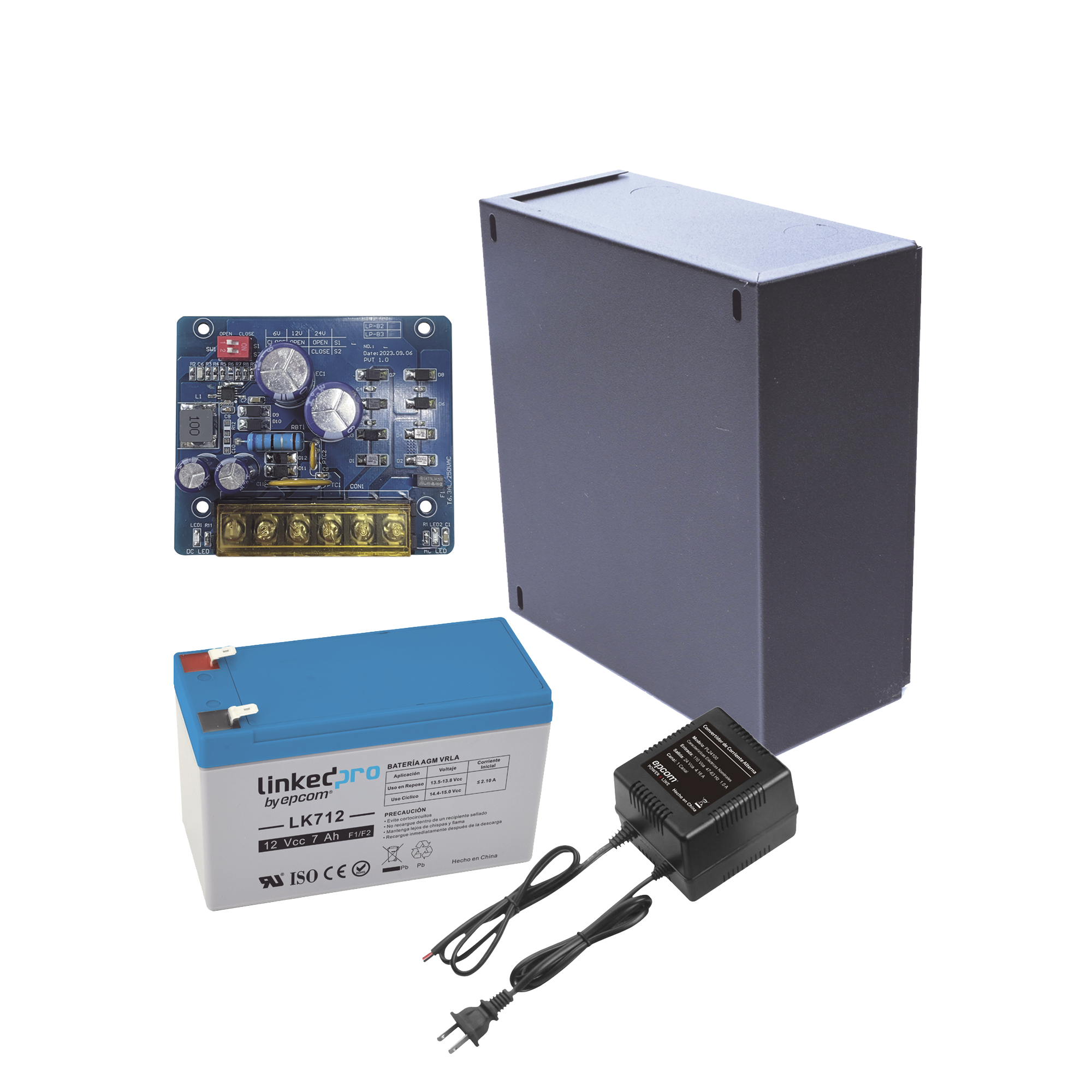 EPCOM POWERLINE - Kit con fuente PLB2 con salida de 12 Vcc a 2.5 Amper, incluye transformador y batería de 12 V a 7 Amper