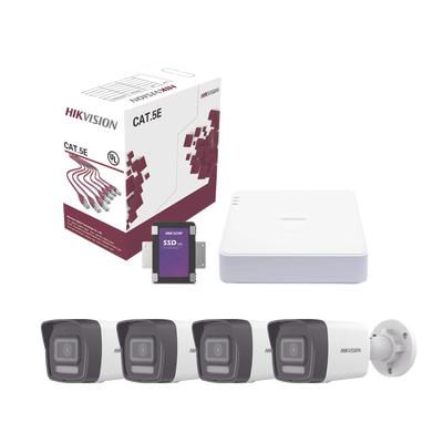 HIKVISION - Kit IP 4 Megapixel / NVR de 4 Canales con 4 Puertos PoE / 4 Cámaras IP Bala Dual Light (IR + Luz Blanca) con Microfono Integrado y ACUSENSE Lite para Exterior/ Bobina de Cable de 100 mts / SSD de 1 TB