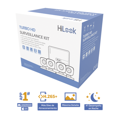 HILOOK BY HIKVISION - Kit TurboHD 720p / DVR 4 canales / 4 Cámaras Bala de Metal / 4 Cables 18 Mts / H.265+ / 1 Fuente de Poder Profesional / Accesorios de Instalación