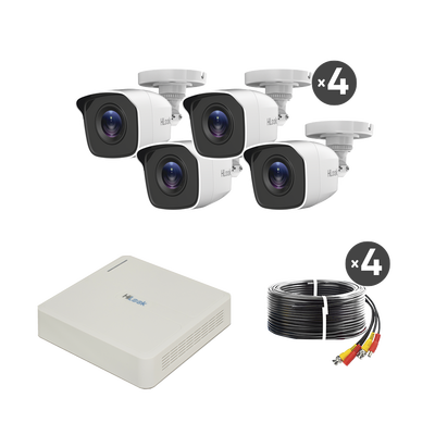 HILOOK BY HIKVISION - Kit TurboHD 720p / DVR 4 canales / 4 Cámaras Bala de Metal / 4 Cables 18 Mts / H.265+ / 1 Fuente de Poder Profesional / Accesorios de Instalación