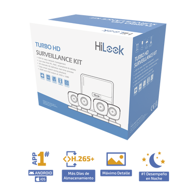 HILOOK BY HIKVISION - KIT TurboHD 720p / DVR 4 canales / 4 Cámaras Bala de Policarbonato / 4 Cables 18 Mts / 1 Fuente de Poder Profesional