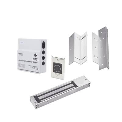 ACCESSPRO - Kit para control de acceso incluye Fuente de 12VCD con respaldo de batería/ Chapa magnética de 600Lbs / Montajes L y Z / Botón de salida