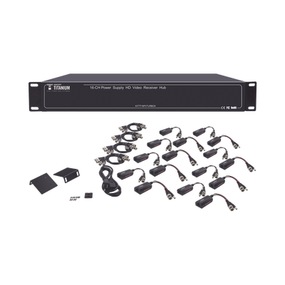 EPCOM TITANIUM - Kit de TRANSCEPTOR ACTIVO DE 16 Canales / VIDEO+PODER en un solo Cable UTP / 150m en 4K, 200m en 5 MP/ Envía 36 Vcc y recibe 12 Vcc / TODO INCLUIDO PARA RACK / Compatible con cámaras HD-TVI/CVI/AHD/CVBS / Instalación Limpia