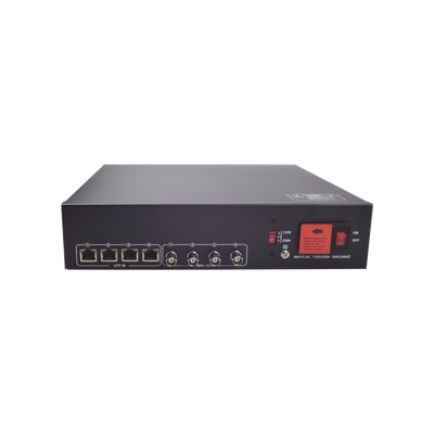 EPCOM TITANIUM - Kit de TRANSCEPTOR ACTIVO DE 4 CANALES / VIDEO+PODER en un solo Cable UTP / 150 metros en 4K, 200 metros en 5 MP/ Envía 36 Vcc y Recibe 12 Vcc / TODO INCLUIDO PARA RACK / Compatible con cámaras HD-TVI/CVI/AHD/CVBS / INSTALACIÓN LIMPIA