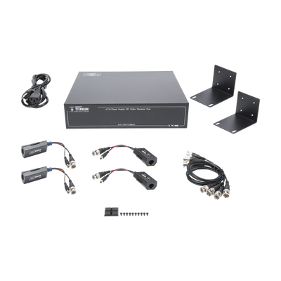 EPCOM TITANIUM - Kit de TRANSCEPTOR ACTIVO DE 4 CANALES / VIDEO+PODER en un solo Cable UTP / 150 metros en 4K, 200 metros en 5 MP/ Envía 36 Vcc y Recibe 12 Vcc / TODO INCLUIDO PARA RACK / Compatible con cámaras HD-TVI/CVI/AHD/CVBS / INSTALACIÓN LIMPIA