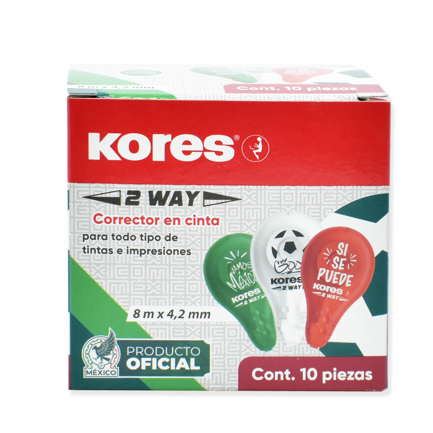 KORES - Corrector en cinta Kores 2 Way 8 m x 4.2 mm caja c/10 piezas Selección Mexicana