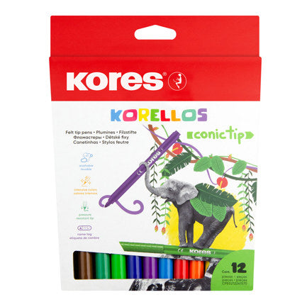 KORES - Plumones Lavables Kores Korello de Punta Cónica Estuche C/12 Colores Surtidos