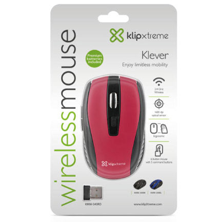 KLIP XTREME - Mouse inalambrico Klip Xtreme ergonomico Klever KMW-340RD 6 botones Conexion USB 2.4 GHz 1000/1200/1600 DPI Color Rojo