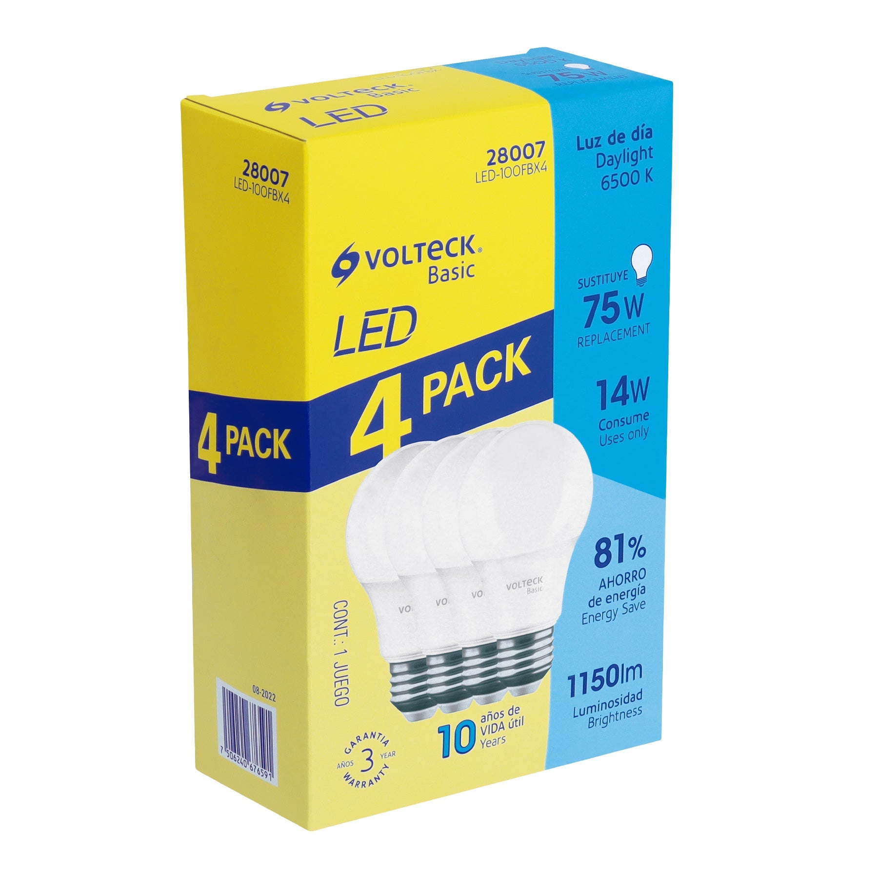 Pack de 4 lamparas LED A19 14 W (equiv. 75 W), luz de dia