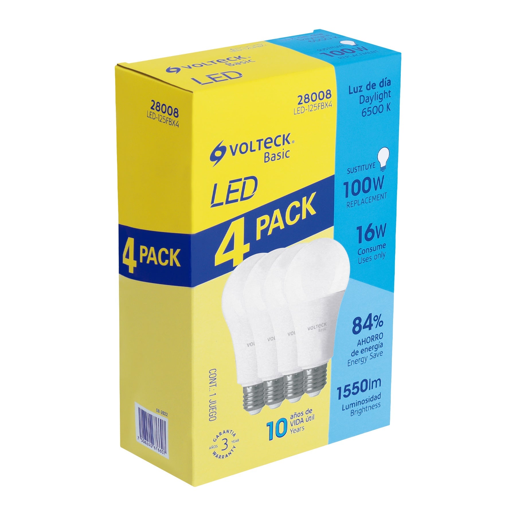 Pack de 4 lamparas LED A19 16 W (equiv. 100 W), luz de dia