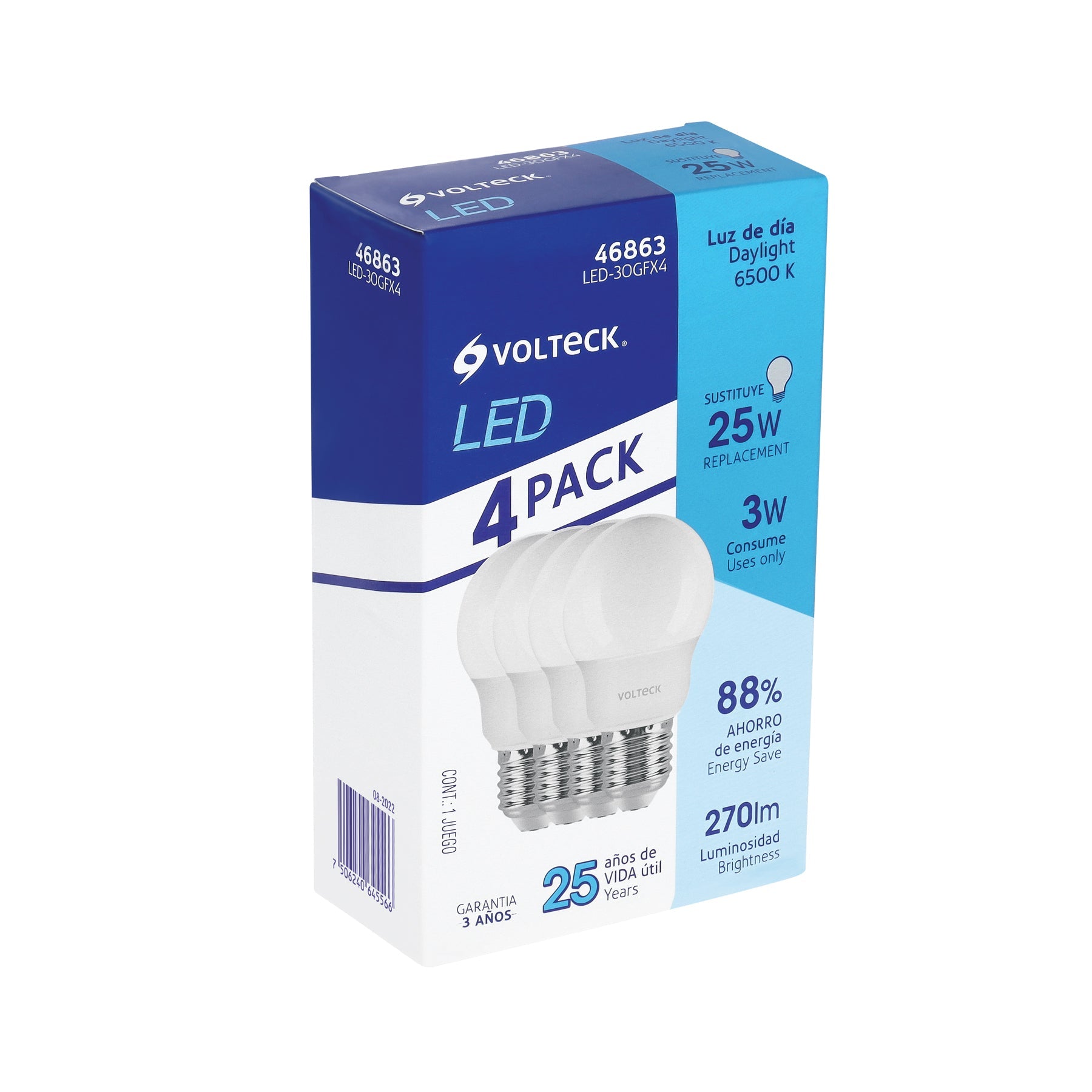 Pack de 4 lamparas LED G45 3 W (equiv. 25 W), luz de dia