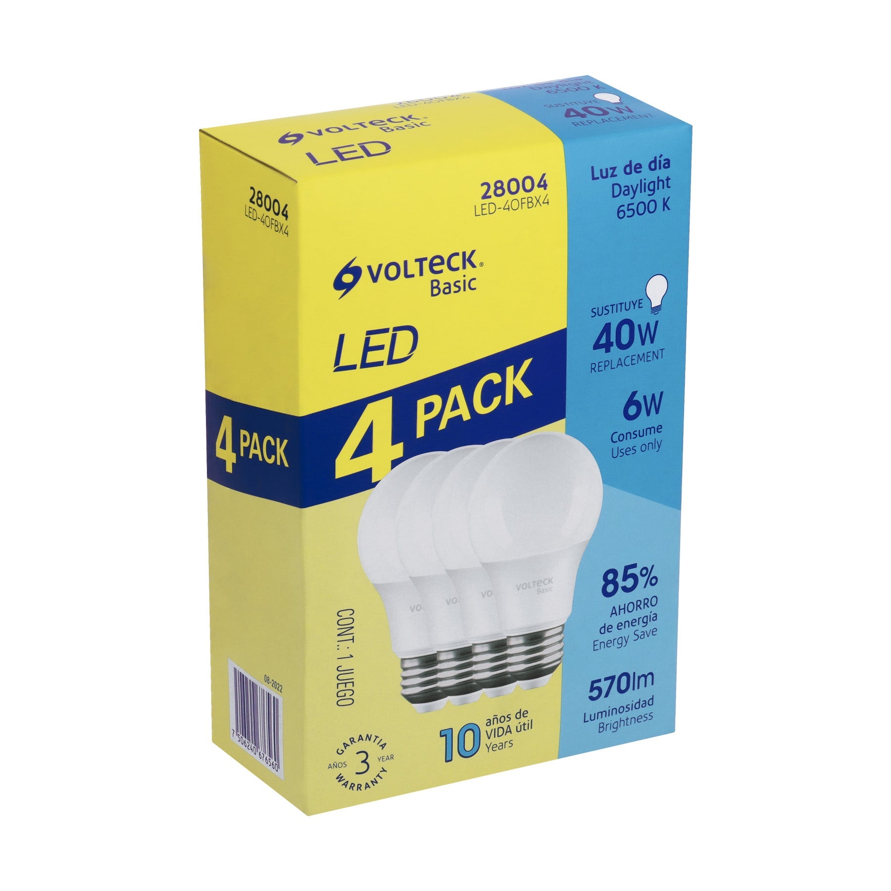 Pack de 4 lamparas LED A19 6 W (equiv. 40 W), luz de dia