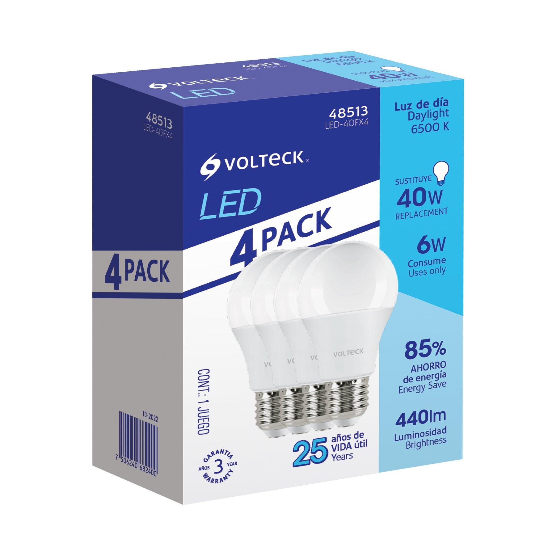 Pack de 4 lamparas LED A19 6 W (equiv. 40 W), luz de dia