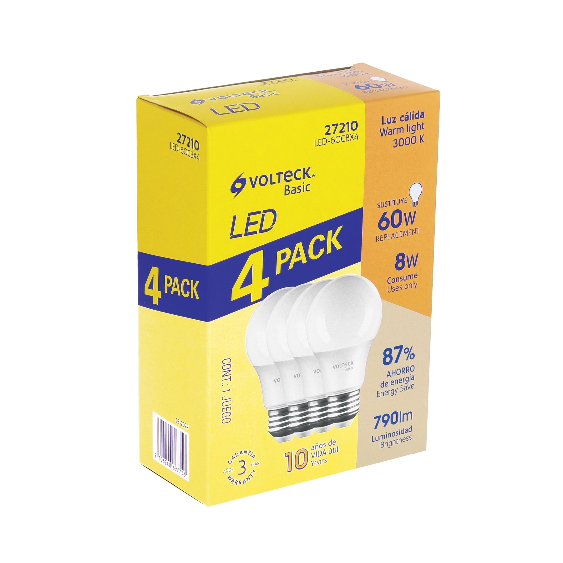 Pack de 4 lamparas LED A19 8 W (equiv. 60 W), luz calida