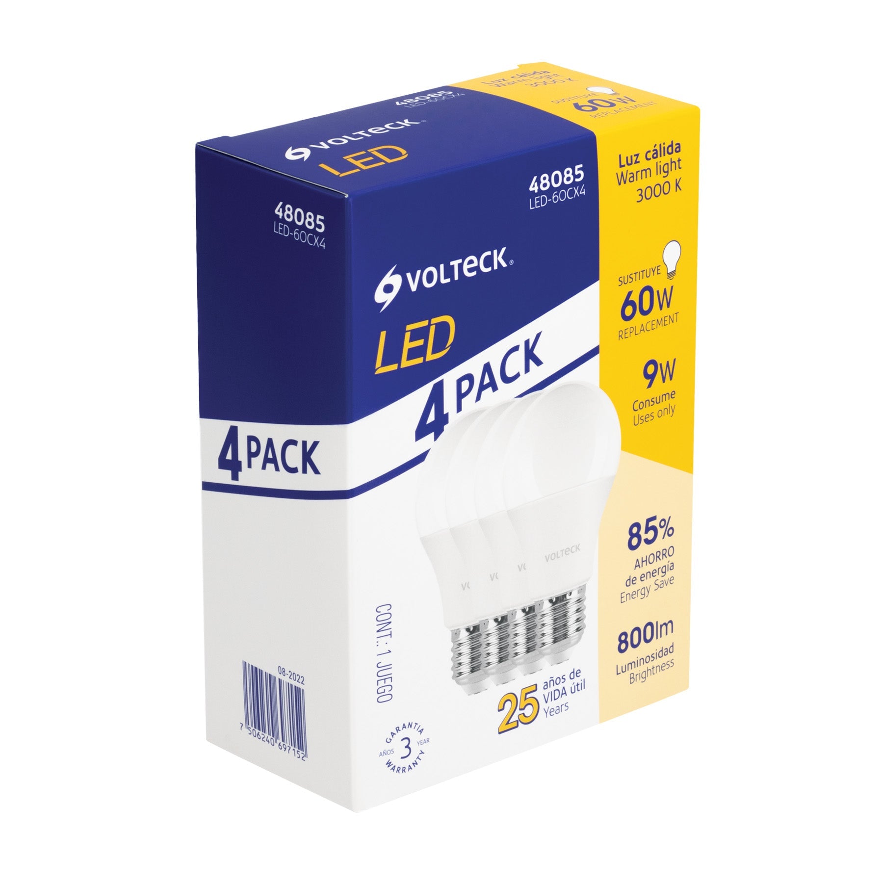 Pack de 4 lamparas LED A19 9 W (equiv. 60 W), luz calida