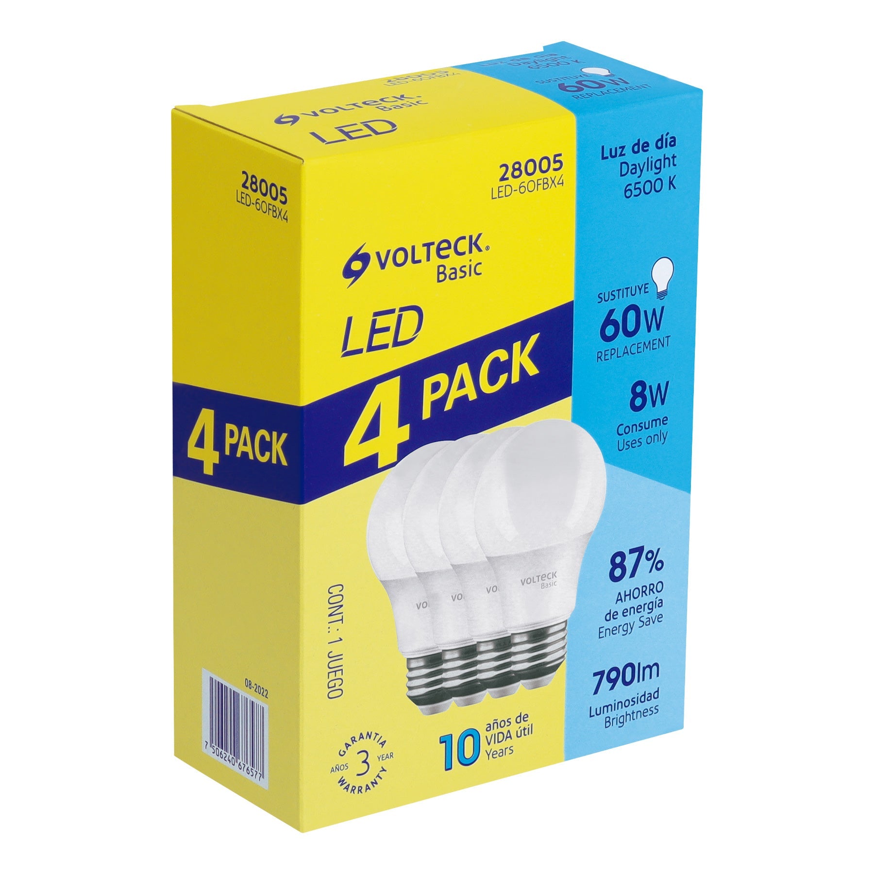 Pack de 4 lamparas LED A19 8 W (equiv. 60 W), luz de dia