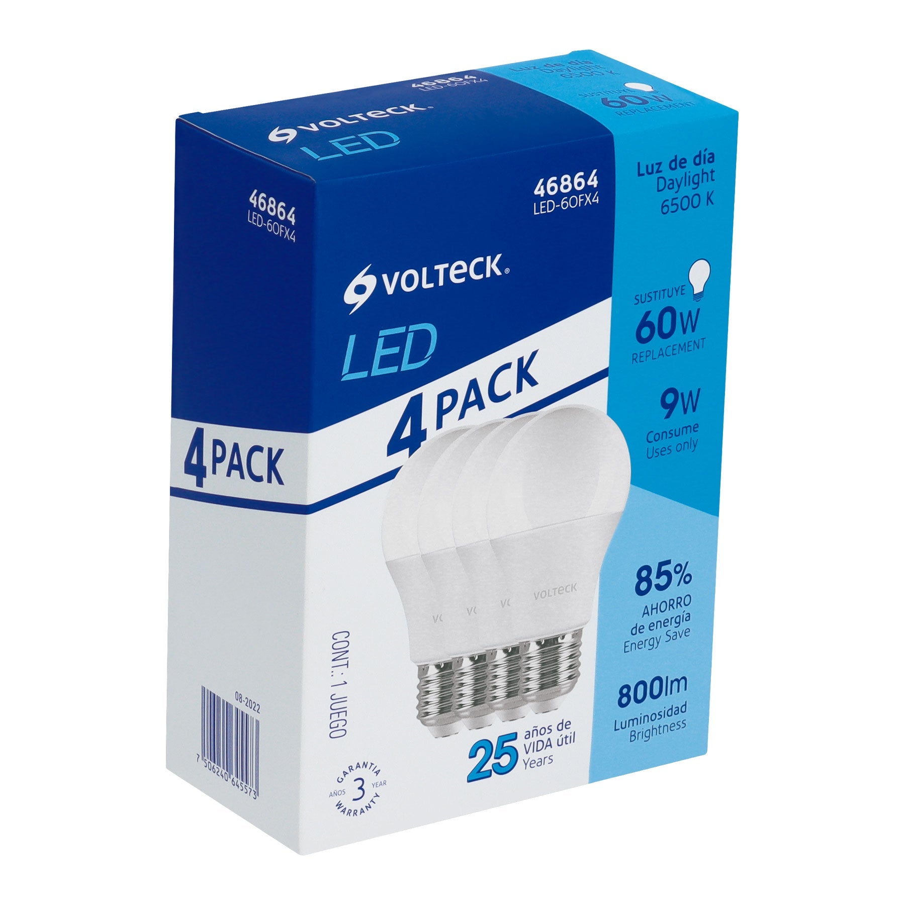 Pack de 4 lamparas LED A19 9 W (equiv. 60 W), luz de dia
