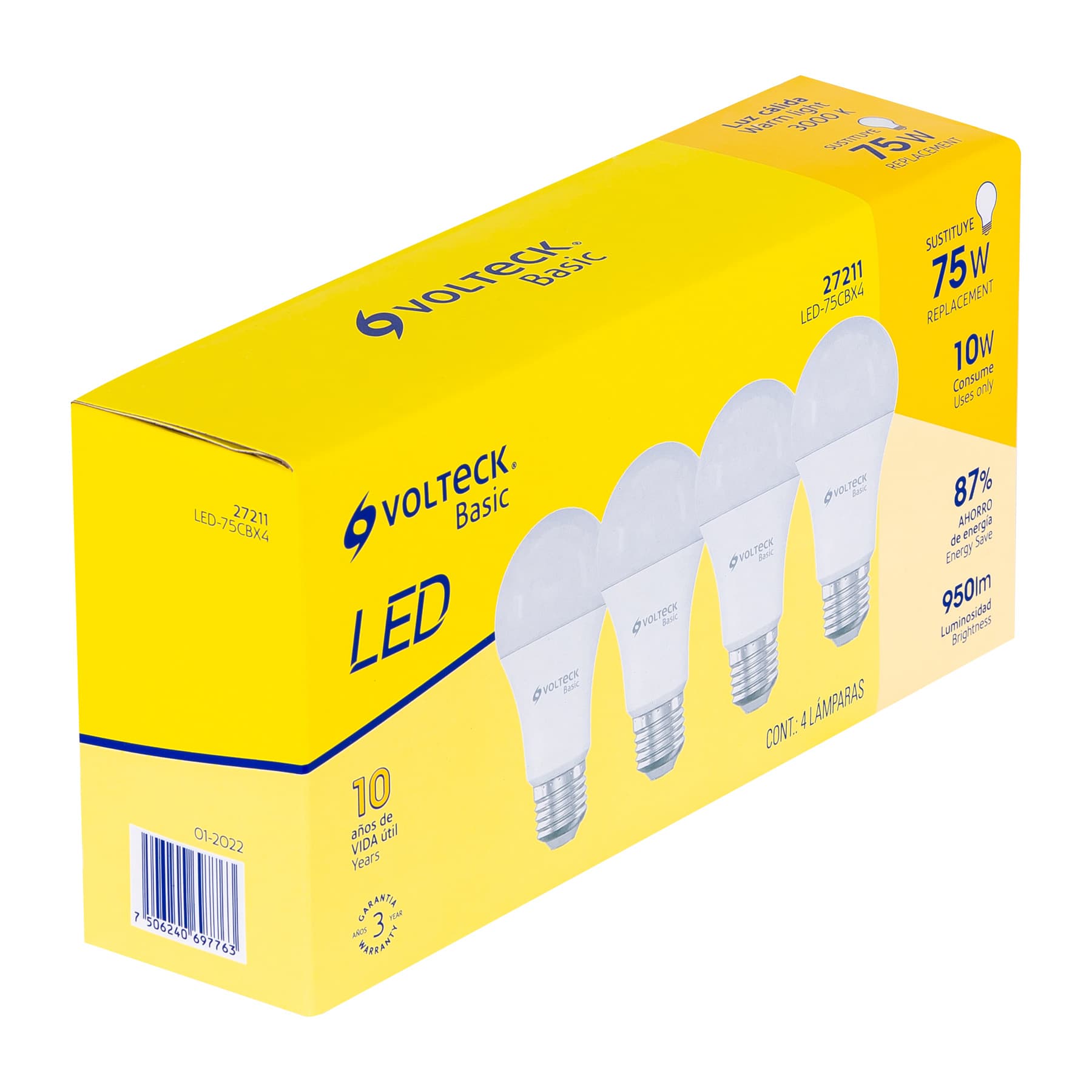 Pack de 4 lamparas LED A19 10 W (equiv. 75 W), luz calida
