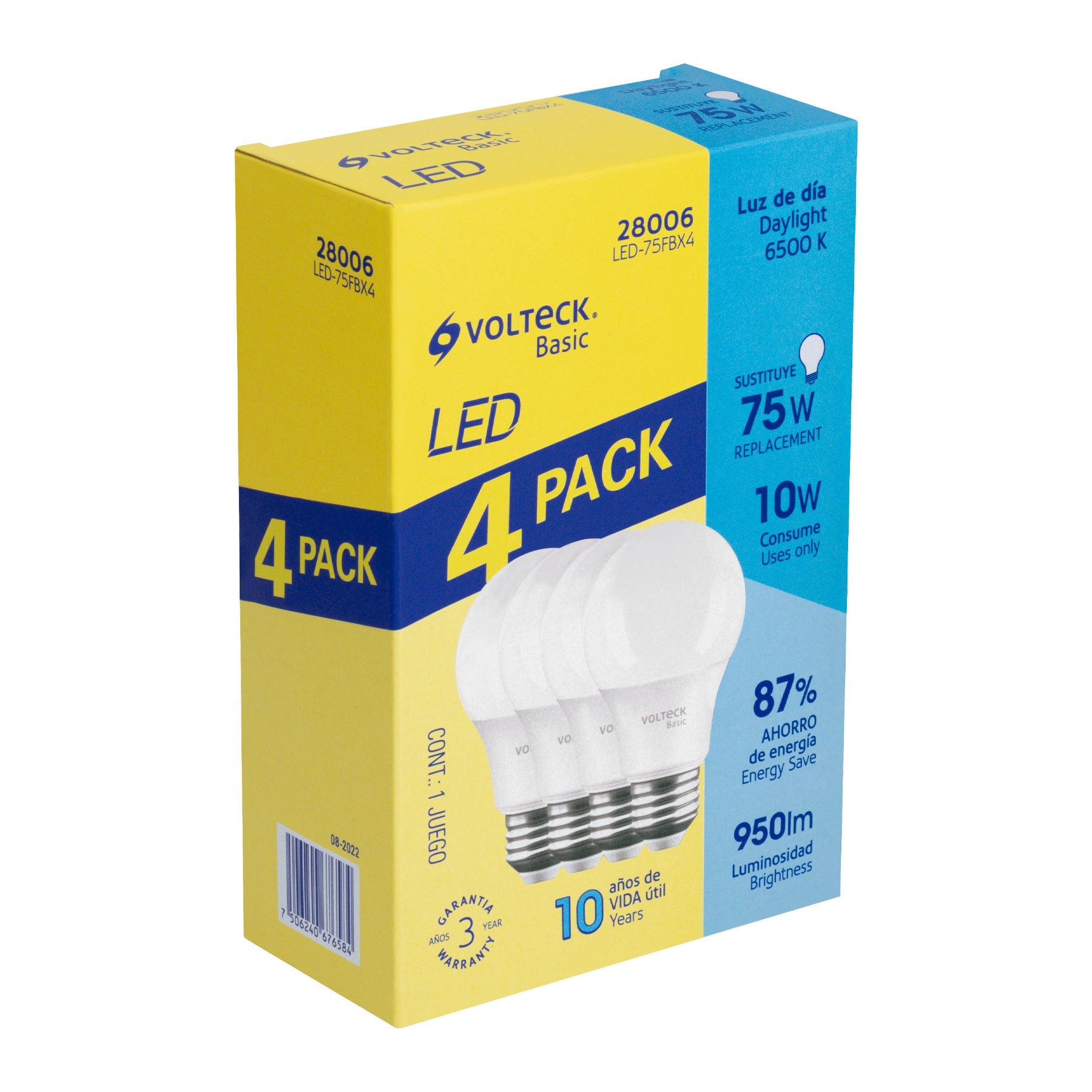Pack de 4 lamparas LED A19 10 W (equiv. 75 W), luz de dia