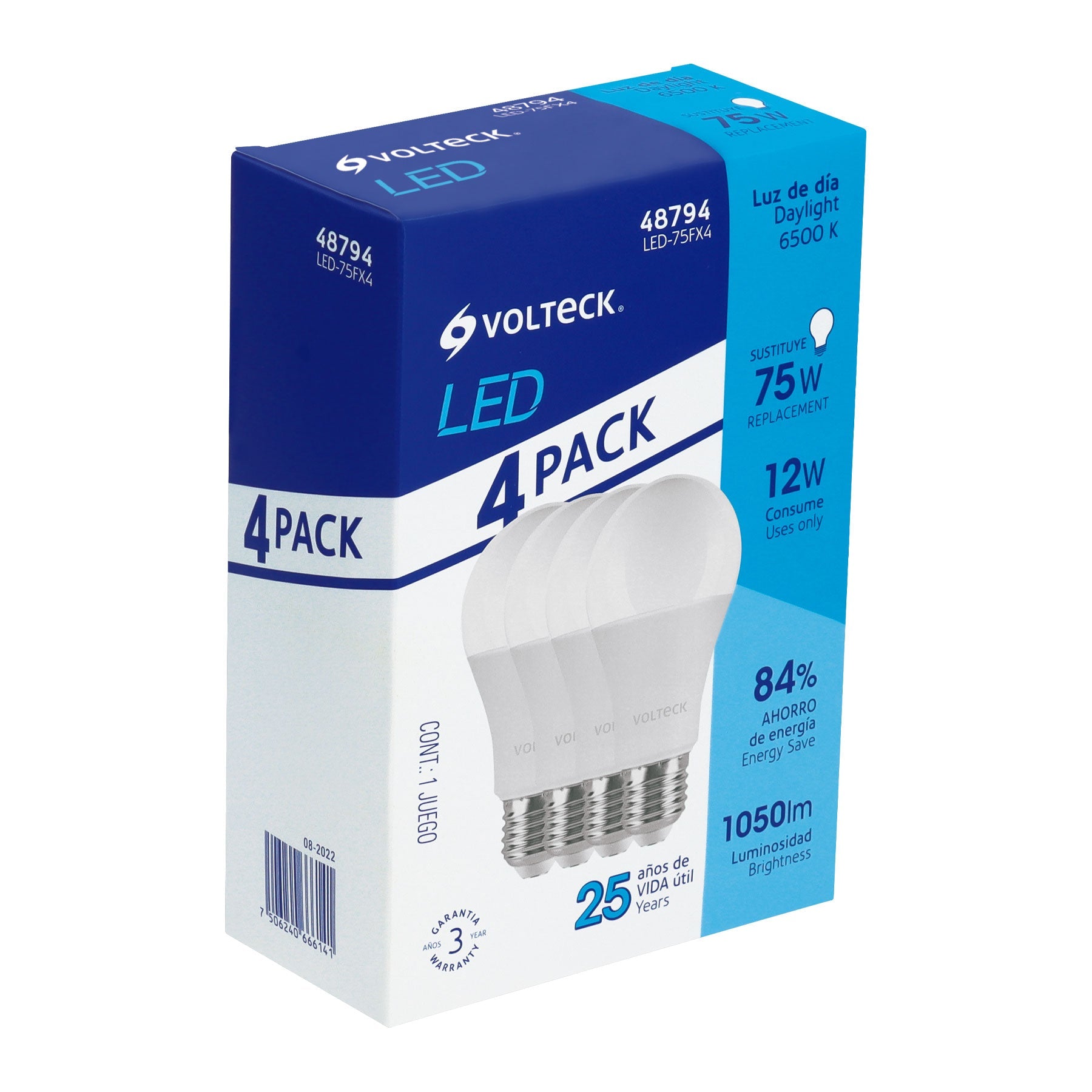 Pack de 4 lamparas LED A19 12 W (equiv. 75 W), luz de dia