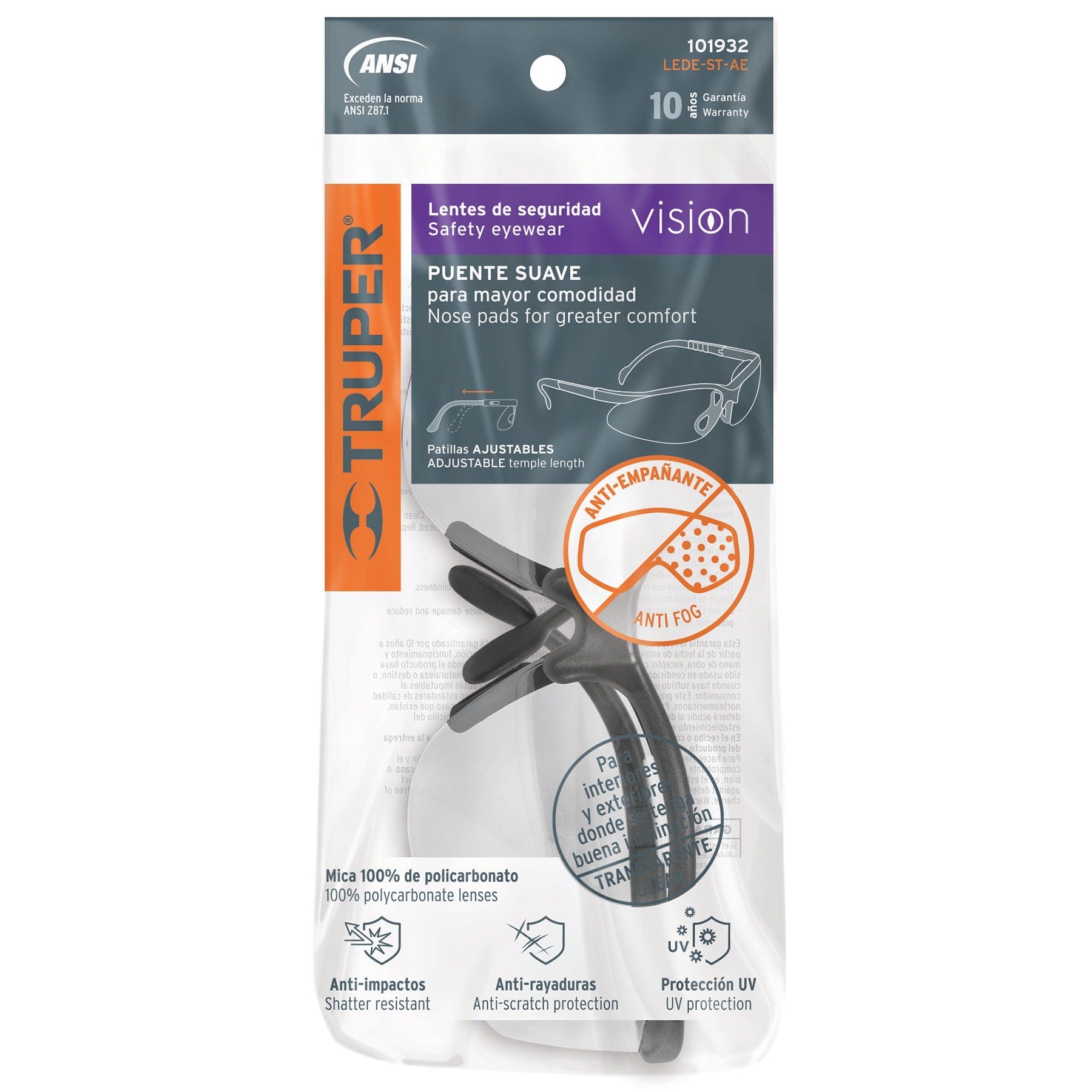 Lentes de seguridad transparentes con antiempaño, Vision