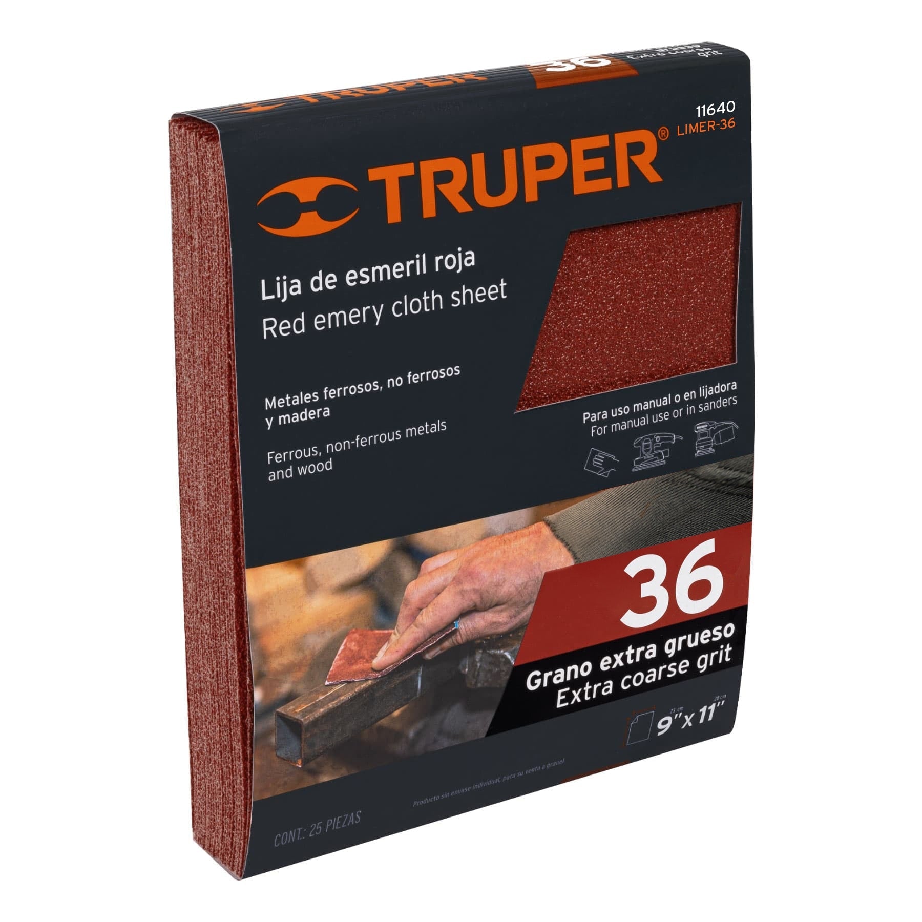 Lija de esmeril roja grano 36 de oxido de aluminio, Truper