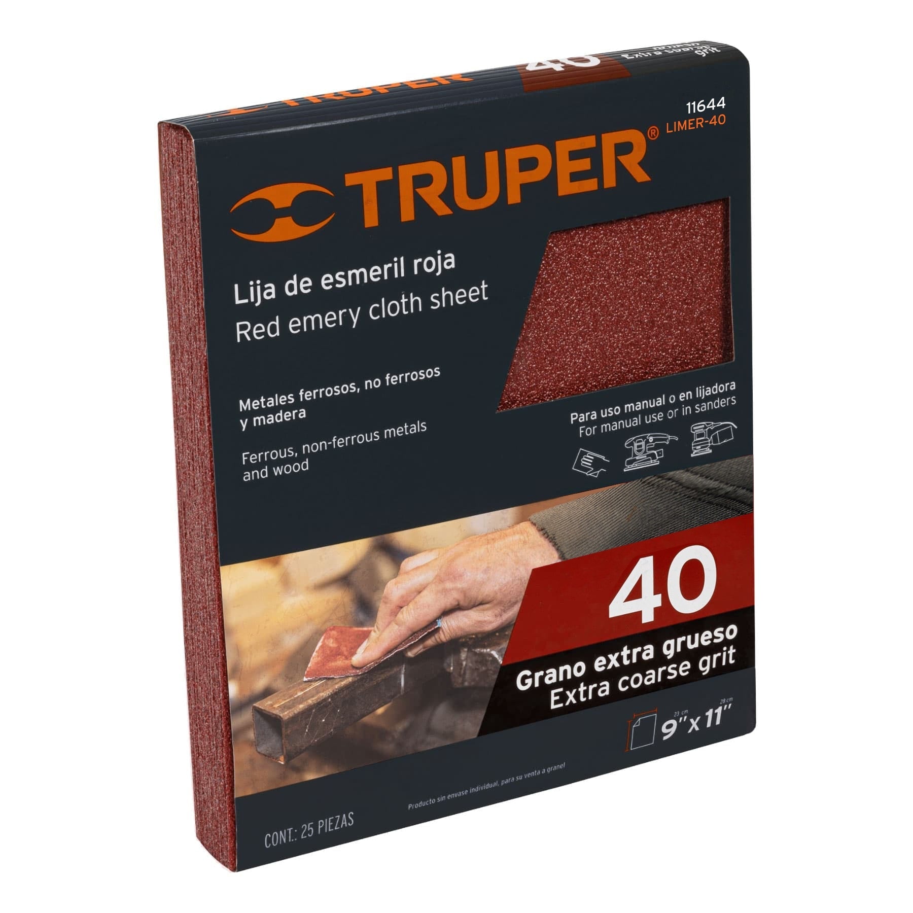 Lija de esmeril roja grano 40 de oxido de aluminio, Truper