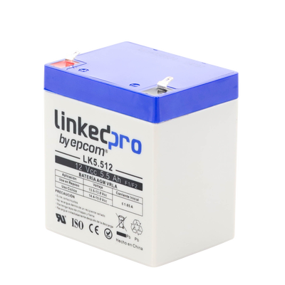 LINKEDPRO BY EPCOM - Batería 12 V / 5.5 Ah / UL / Vida útil promedio 5 años / Tecnología AGM / Para uso en equipo electrónico, Alarmas de Intrusión / Incendio/ Control de acceso / Video Vigilancia / Terminales F1 ( Incluye adaptador F