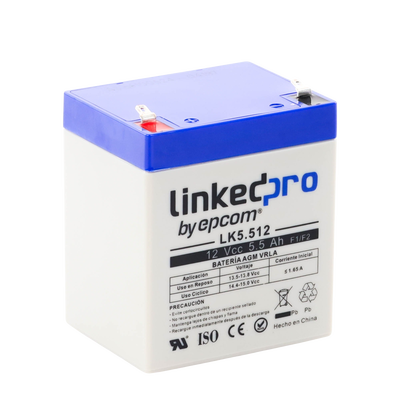 LINKEDPRO BY EPCOM - Batería 12 V / 5.5 Ah / UL / Vida útil promedio 5 años / Tecnología AGM / Para uso en equipo electrónico, Alarmas de Intrusión / Incendio/ Control de acceso / Video Vigilancia / Terminales F1 ( Incluye adaptador F