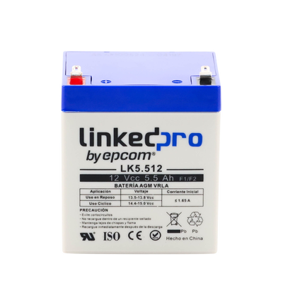 LINKEDPRO BY EPCOM - Batería 12 V / 5.5 Ah / UL / Vida útil promedio 5 años / Tecnología AGM / Para uso en equipo electrónico, Alarmas de Intrusión / Incendio/ Control de acceso / Video Vigilancia / Terminales F1 ( Incluye adaptador F
