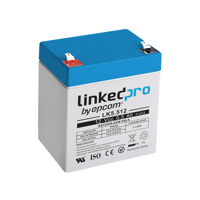 LINKEDPRO BY EPCOM - Batería 12 V / 5.5 Ah / UL / Vida útil promedio 5 años / Tecnología AGM / Para uso en equipo electrónico, Alarmas de Intrusión / Incendio/ Control de acceso / Video Vigilancia / Terminales F1 ( Incluye adaptador F