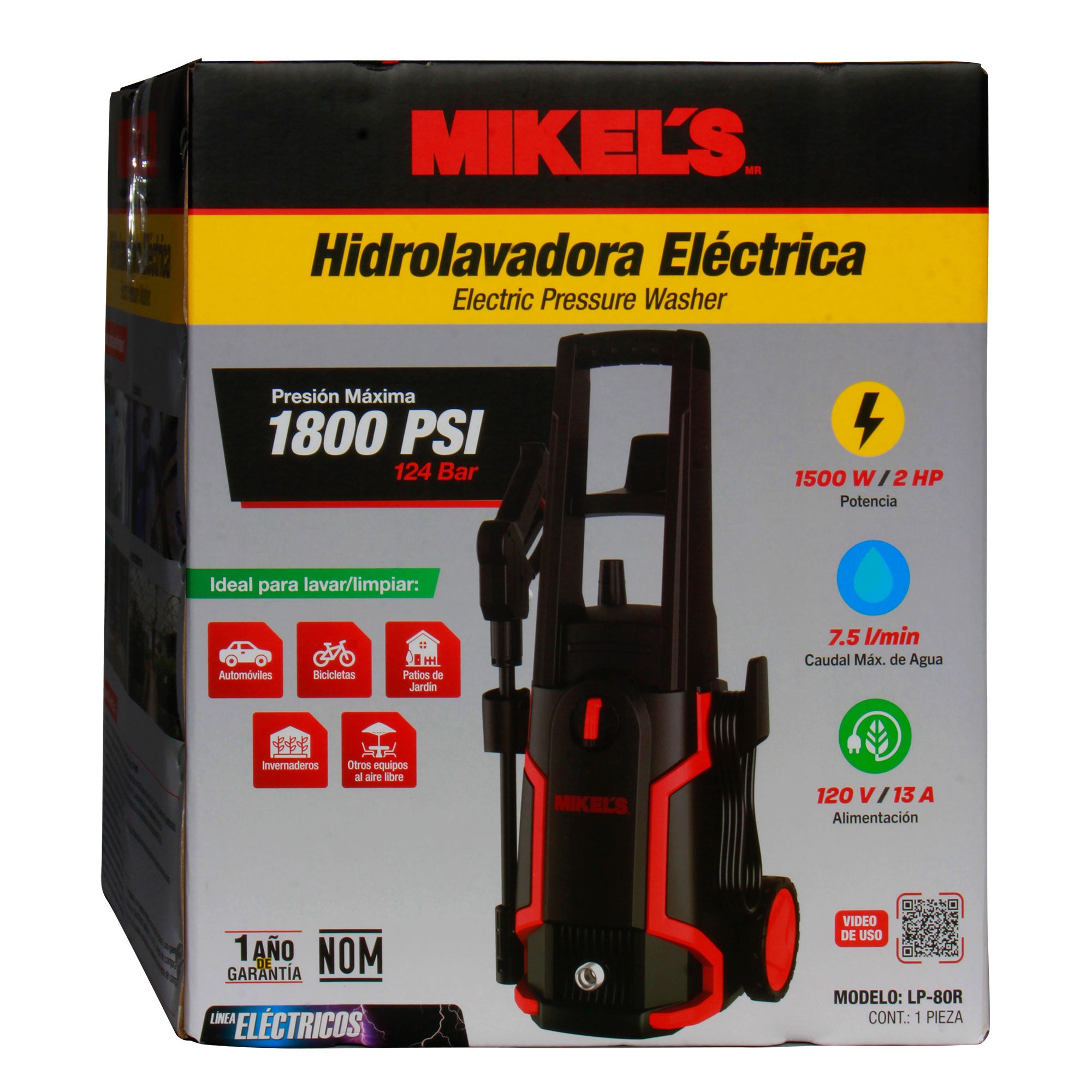 Hidrolavadora de alta presión eléctrica motor de carbones (1,800 PSI)