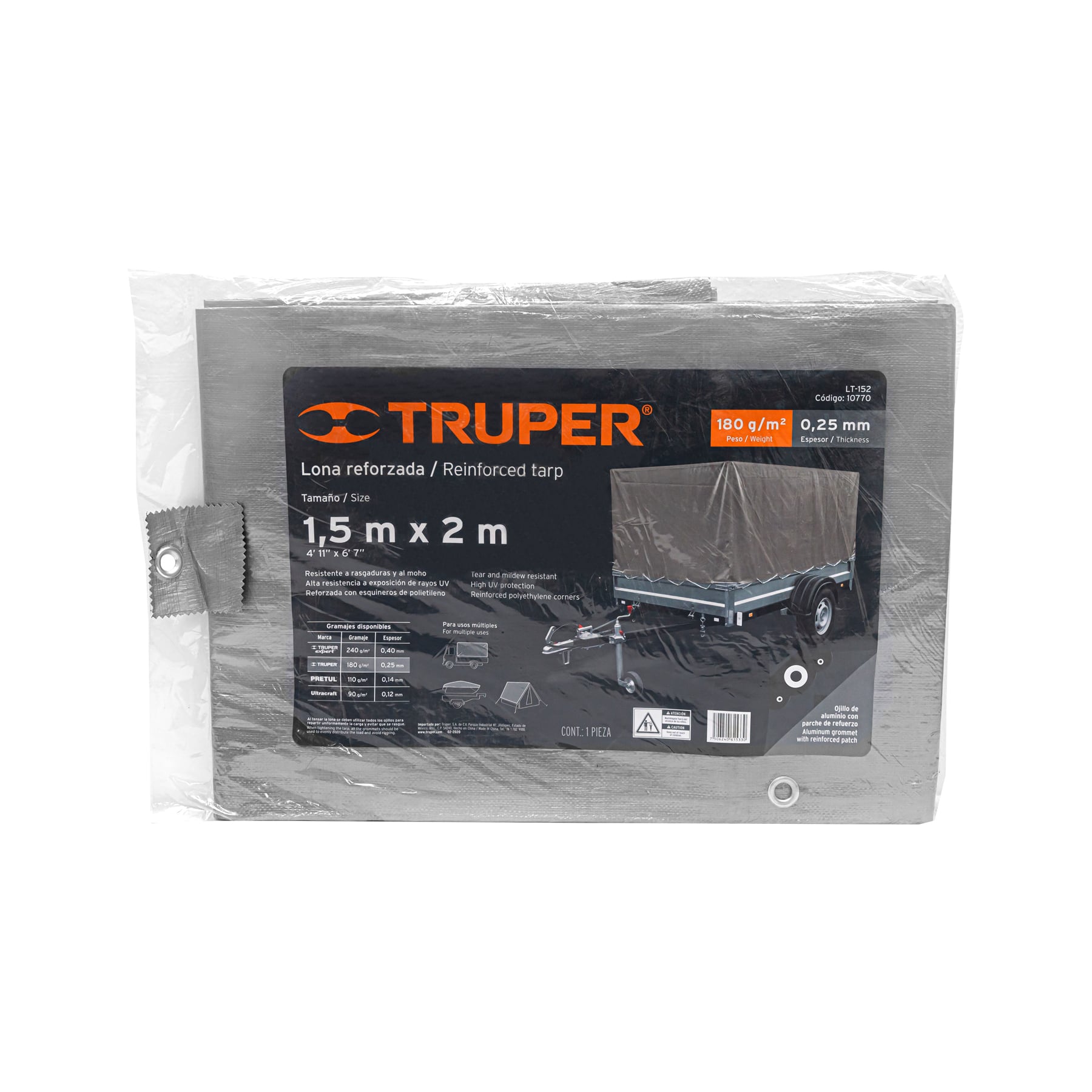 Lona de polietileno reforzada 1.5x2 m, gris, 180g/m2, TRUPER