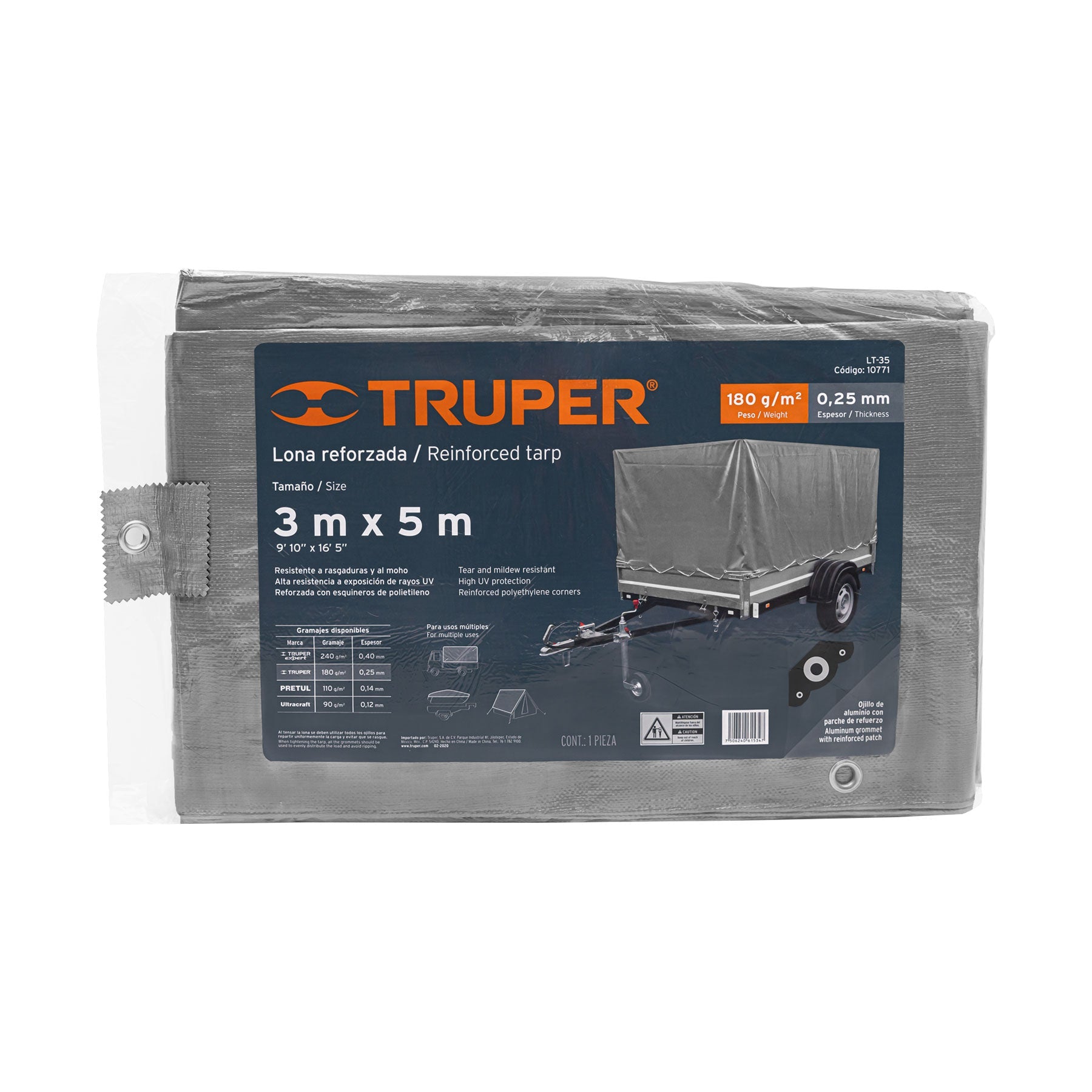 Lona de polietileno reforzada 3 x 5 m, gris, 180g/m2, TRUPER