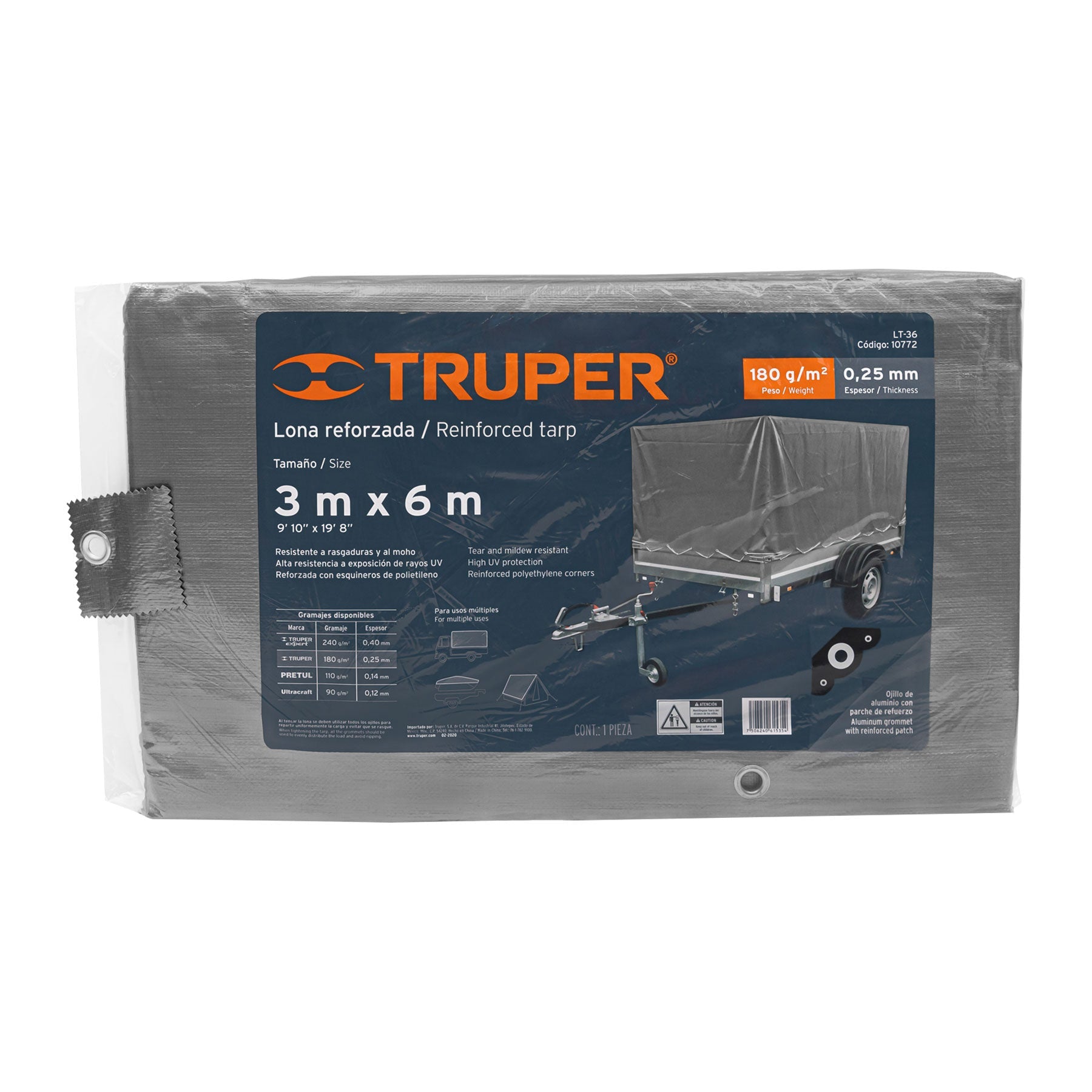 Lona de polietileno reforzada 3 x 6 m, gris, 180g/m2, TRUPER