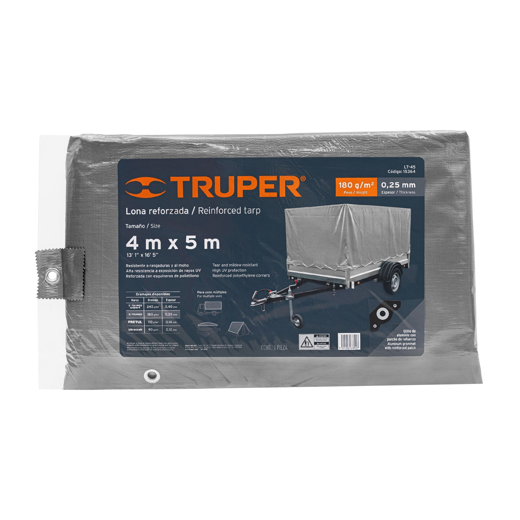 Lona de polietileno reforzada 4 x 5 m, gris, 180g/m2, TRUPER
