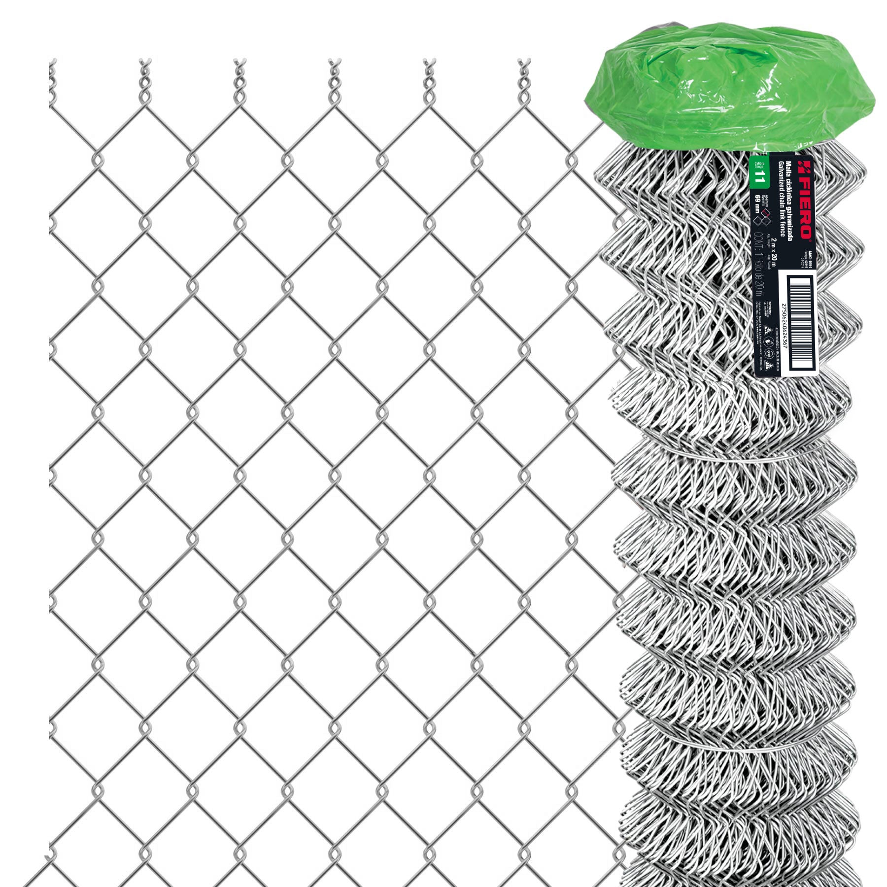 Rollo malla ciclonica cal.11, 2x20m, abertura 69mm, 61kg
