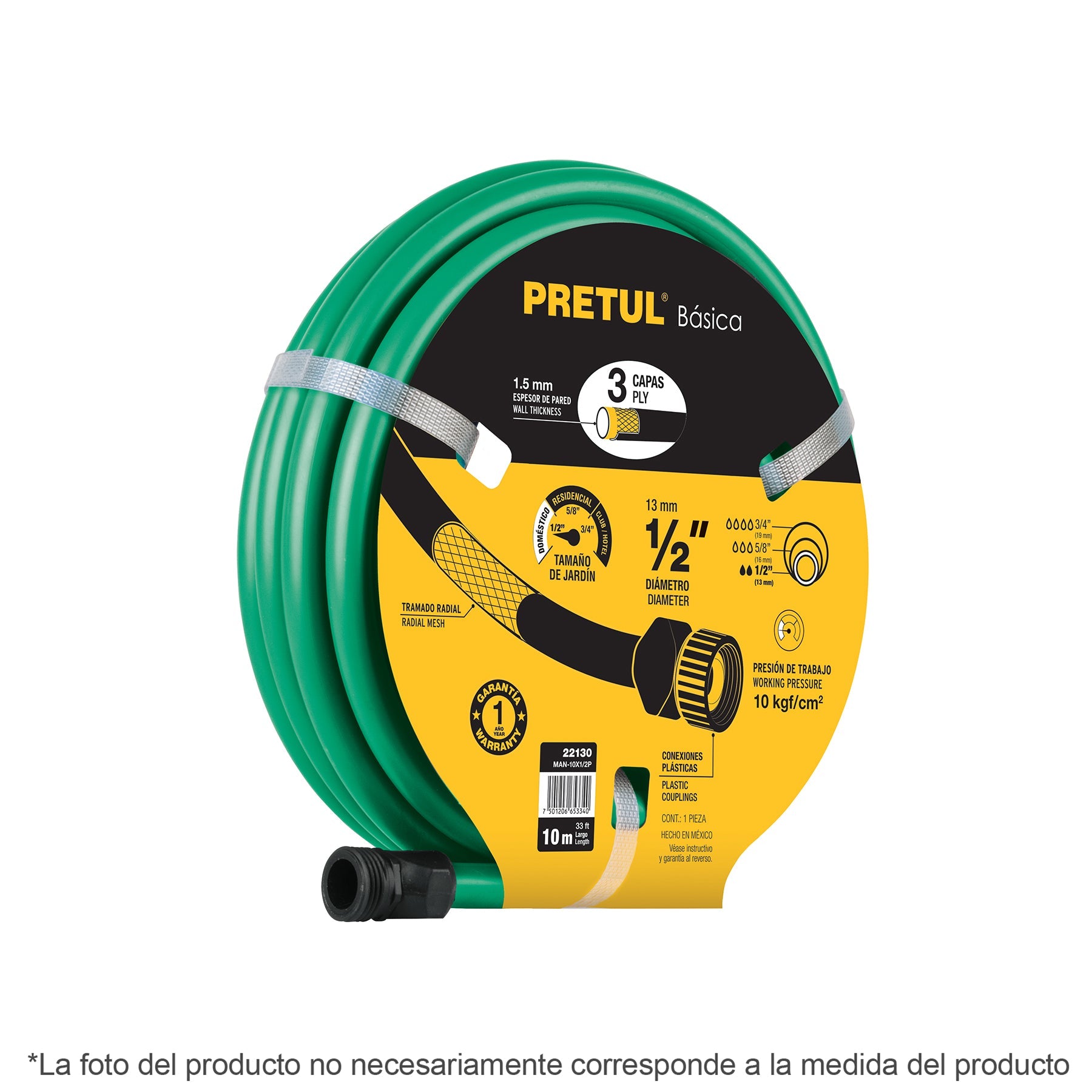 Manguera verde 1/2' 3 capas 15m conexiones plasticas, PRETUL