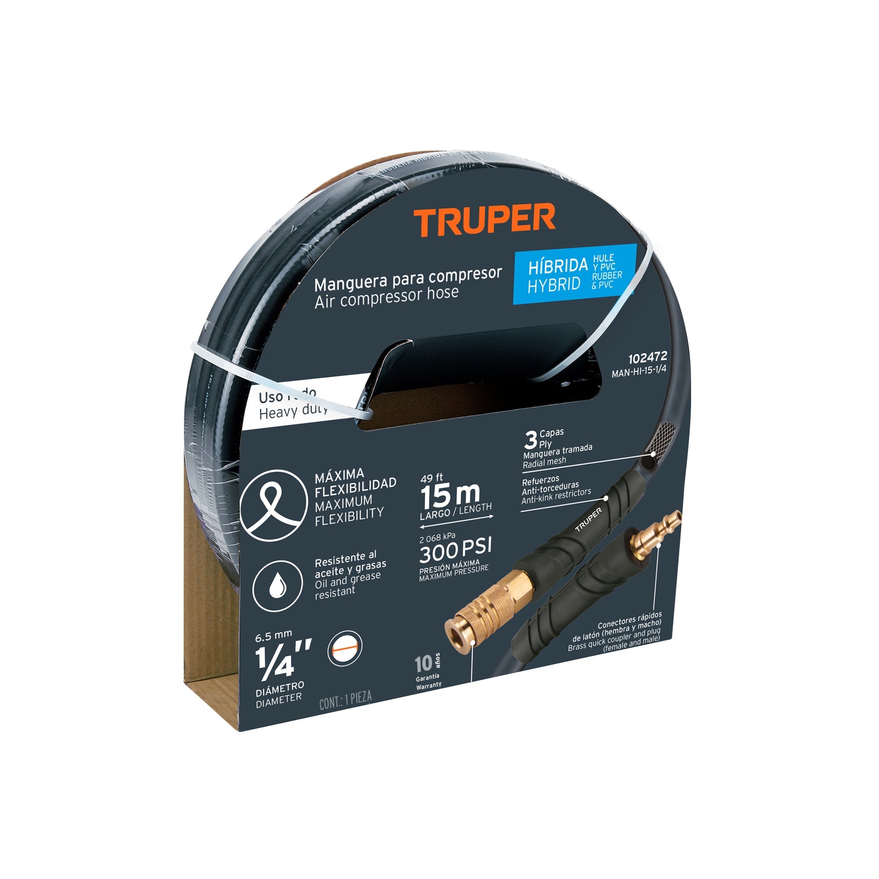 Manguera para compresor, hibrida, 15m x 1/4', Truper
