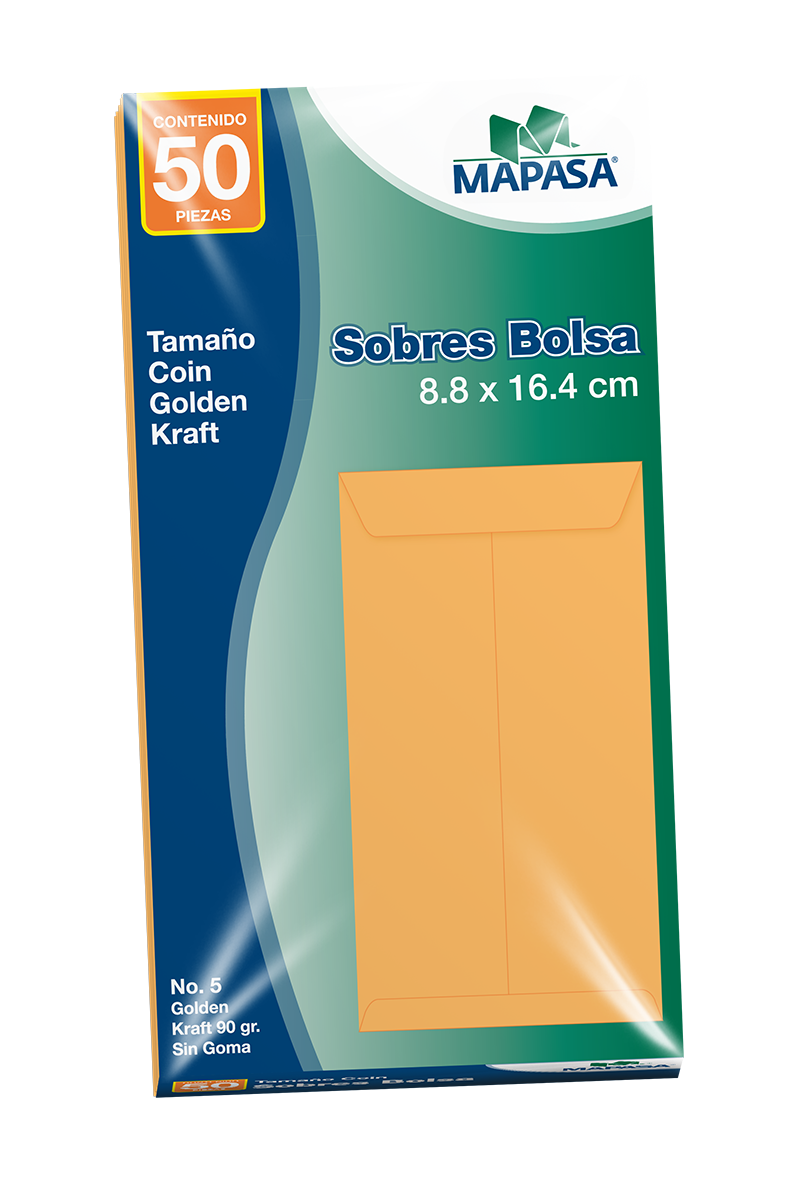MAPASA - Sobre COIN Kraft Mapasa 60Kg Pegue al Centro Solapa Engomada 8.8x16.4cm 10 Pqtes C/50 Sobres c/u