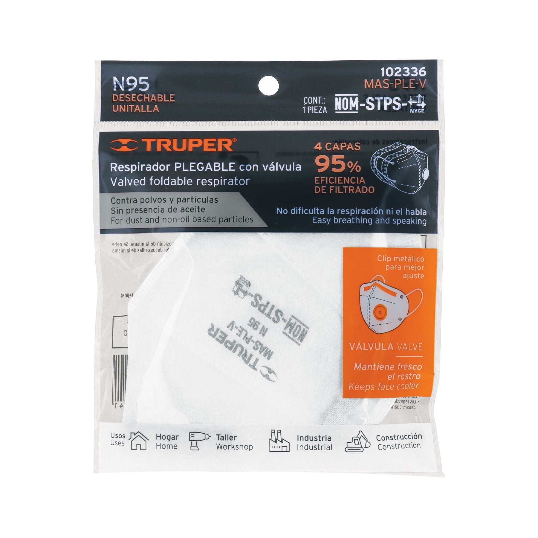 Respirador plegable N95 con valvula para particulas, Truper