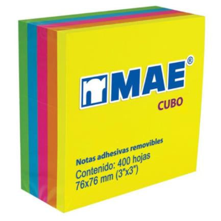 MAE - Notas Adhesivas Mae Cubo Neón 3x3" 5 Colores C/400 Hojas