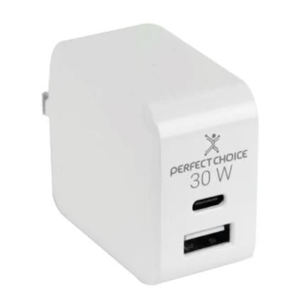 PERFECT CHOICE - Adaptador de Corriente Perfect Choice 30W Carga Rápida Puertos USB C+A Blanco