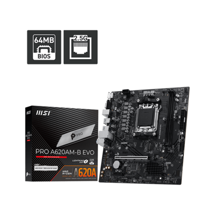 MSI - Tarjeta Madre MSI PRO A620AM-B EVO Micro-ATX Socket AM5 AMD A620 128GB DDR5 HDMI para AMD