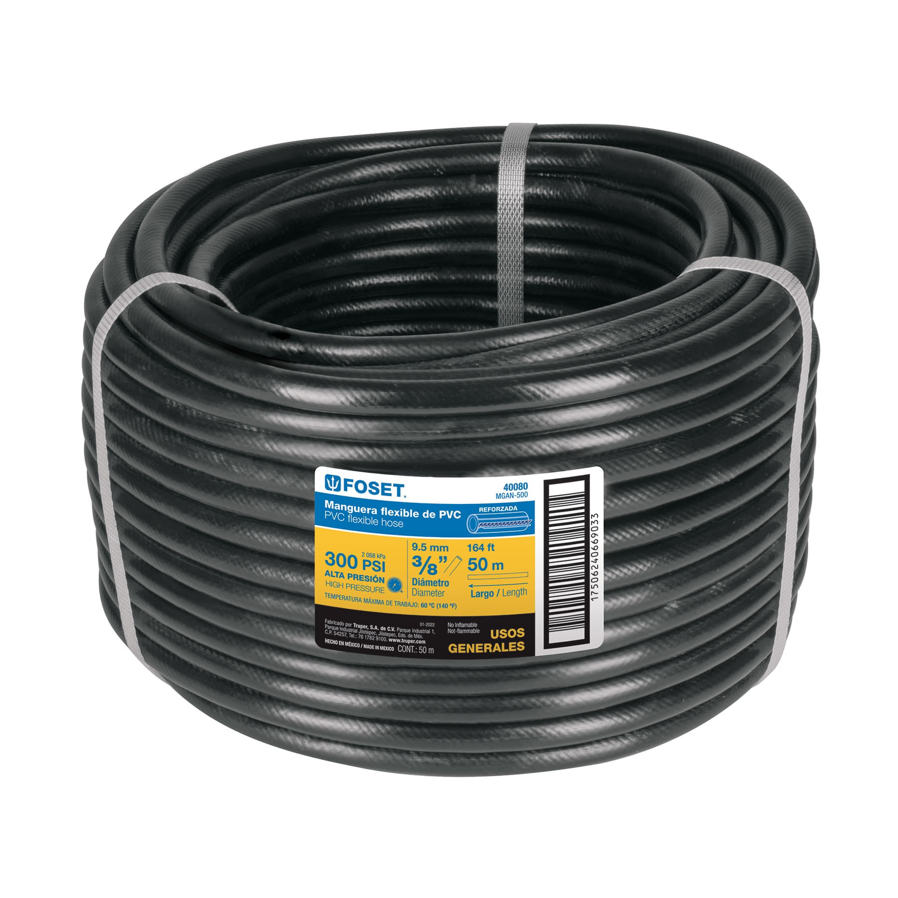 Manguera para gas, PVC negra, 3/8'x50 m, s/conexion, Foset