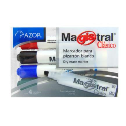 MAGISTRAL - Marcador Magistral Clásico Plástico Pizarrón Blanco Colores Surtidos C/4 Pzas