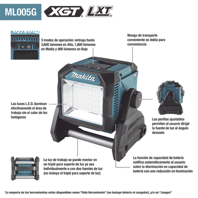 MAKITA - Luz de Trabajo Inalámbrica Utiliza Batria XGT® de 40V o LXT® Litioâ€‘Ion de 18V.