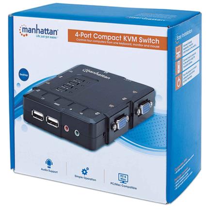 MANHATTAN - Switch KVM Manhattan Compacto 4 Puertos Desktop USB 4:1 Cables+Audio Color Negro